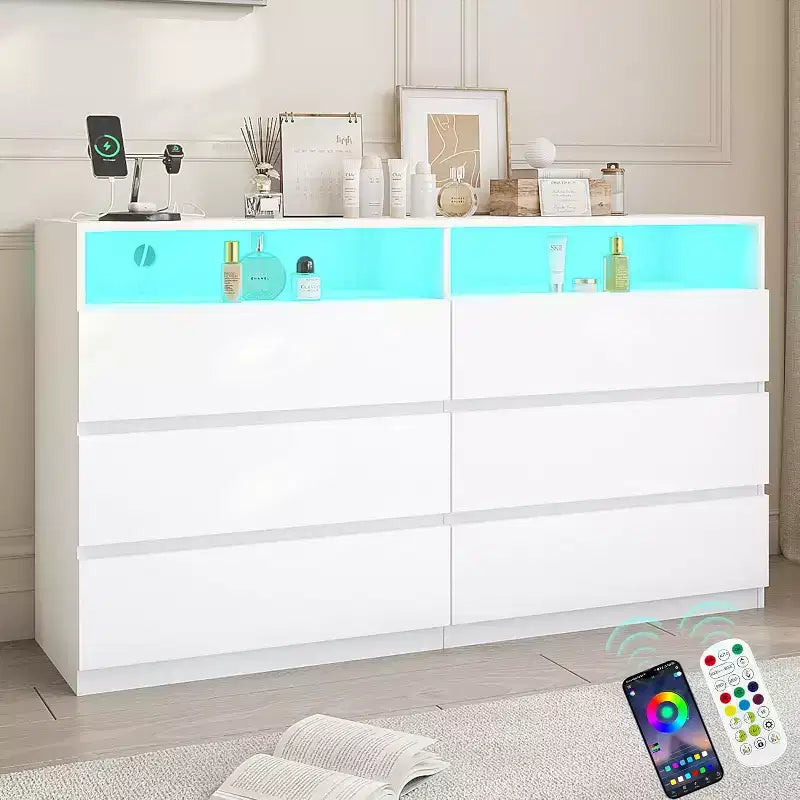 Commode Double 6 Tiroirs avec Prise Électrique et Lumières LED, Grande Commode de Rangement avec Étagères Ouvertes, Noire