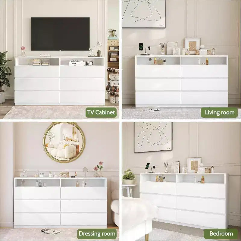 Commode Double 6 Tiroirs avec Prise Électrique et Lumières LED, Grande Commode de Rangement avec Étagères Ouvertes, Noire