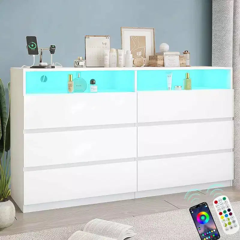 Commode Double 6 Tiroirs avec Prise Électrique et Lumières LED, Grande Commode de Rangement avec Étagères Ouvertes, Noire