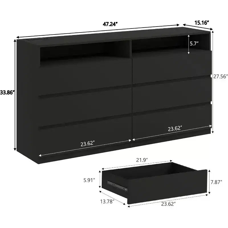Commode Double 6 Tiroirs avec Prise Électrique et Lumières LED, Grande Commode de Rangement avec Étagères Ouvertes, Noire