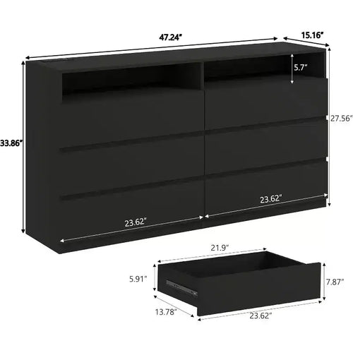 Commode Double 6 Tiroirs avec Prise Électrique et Lumières LED, Grande Commode de Rangement avec Étagères Ouvertes, Noire
