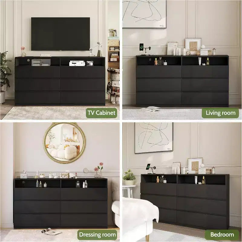 Commode Double 6 Tiroirs avec Prise Électrique et Lumières LED, Grande Commode de Rangement avec Étagères Ouvertes, Noire