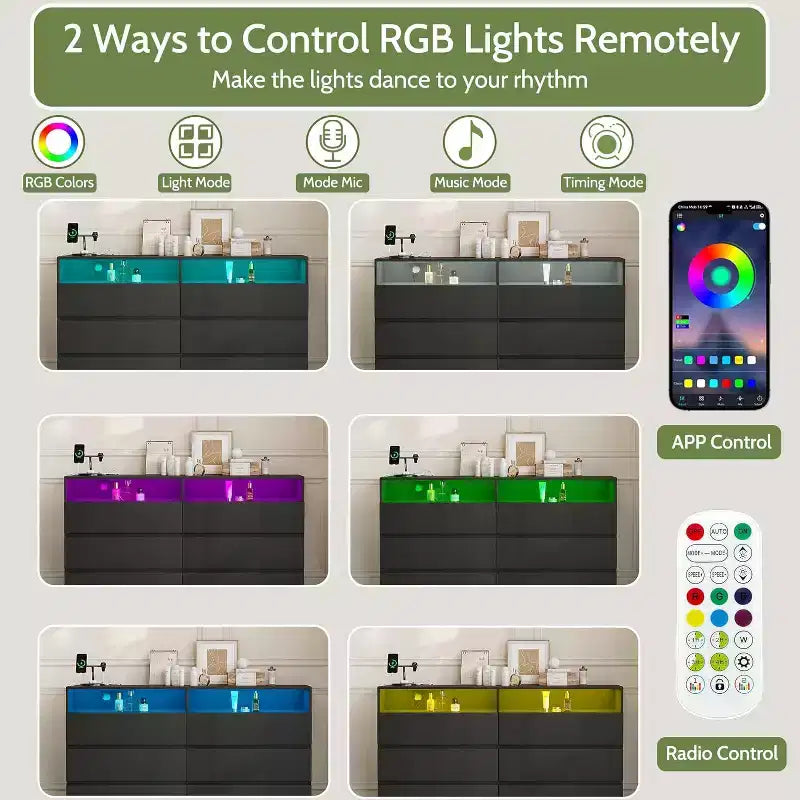 Commode Double 6 Tiroirs avec Prise Électrique et Lumières LED, Grande Commode de Rangement avec Étagères Ouvertes, Noire