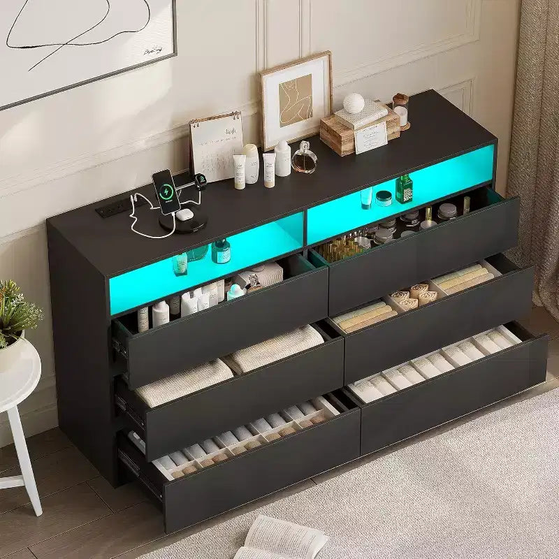 Commode Double 6 Tiroirs avec Prise Électrique et Lumières LED, Grande Commode de Rangement avec Étagères Ouvertes, Noire
