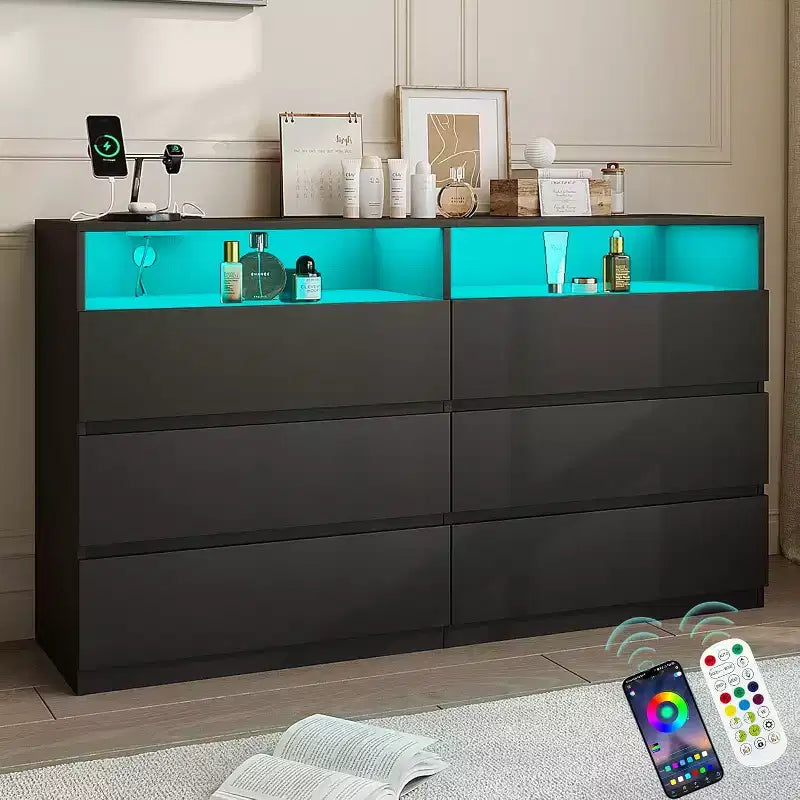 Commode Double 6 Tiroirs avec Prise Électrique et Lumières LED, Grande Commode de Rangement avec Étagères Ouvertes, Noire