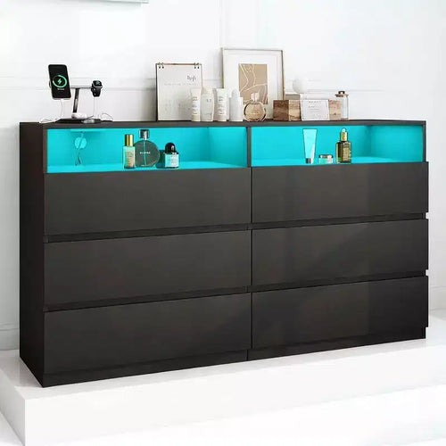 Dyonery 6-Drawer Double Dresser with Power Outlet & LED Lights, Wide Storage Chest with Open Shelving,Black