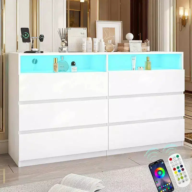 Commode Double 6 Tiroirs avec Prise Électrique et Lumières LED, Grande Commode de Rangement avec Étagères Ouvertes, Noire
