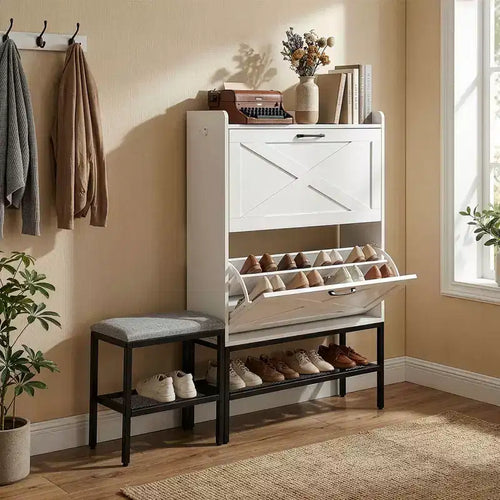 Karl Home 47 W Barn Door Flip Shoe Cabinet with Mesh Metal Legs Padded Bench