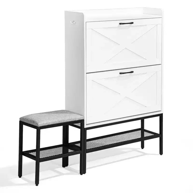 Meuble à chaussures basculant 47 W avec porte de grange, pieds en métal maillé, banc rembourré