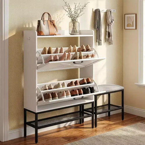 Meuble à chaussures basculant 47 W avec porte de grange, pieds en métal maillé, banc rembourré
