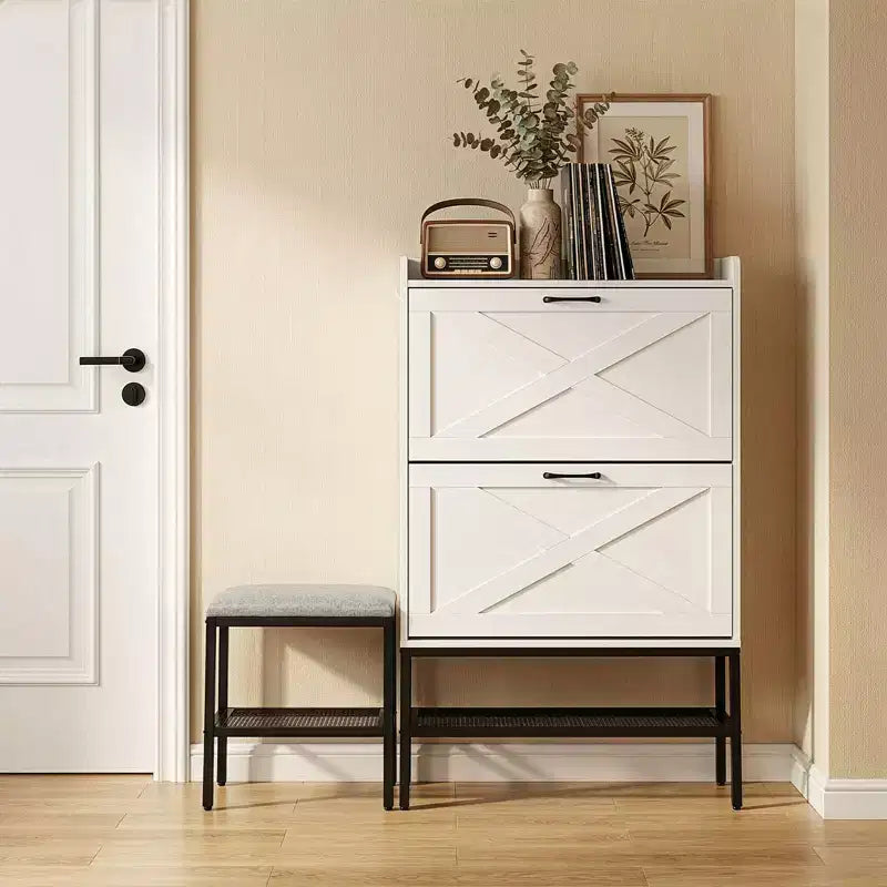 Meuble à chaussures basculant 47 W avec porte de grange, pieds en métal maillé, banc rembourré