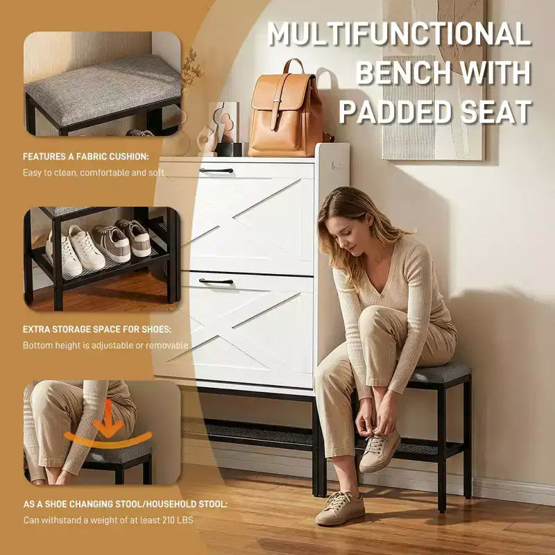 Meuble à chaussures basculant 47 W avec porte de grange, pieds en métal maillé, banc rembourré