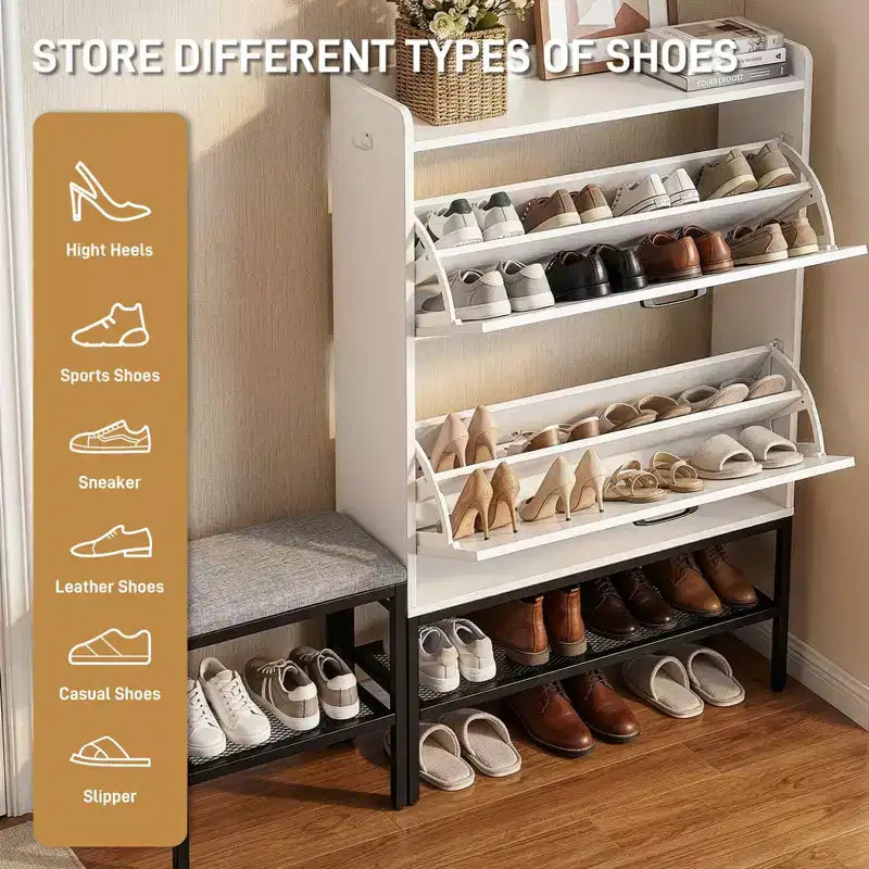 Meuble à chaussures basculant 47 W avec porte de grange, pieds en métal maillé, banc rembourré
