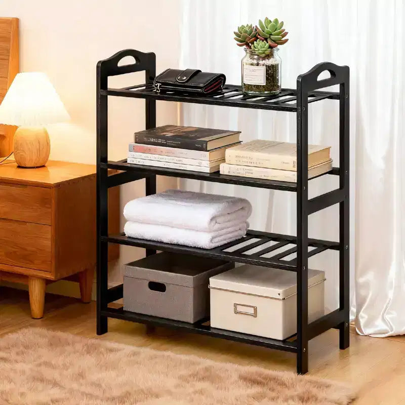 Étagère à chaussures portable en bambou à 4 niveaux, 12 lattes, noir, 68 cm