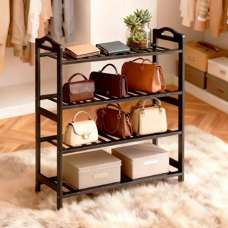 Étagère à chaussures portable en bambou à 4 niveaux, 12 lattes, noir, 68 cm