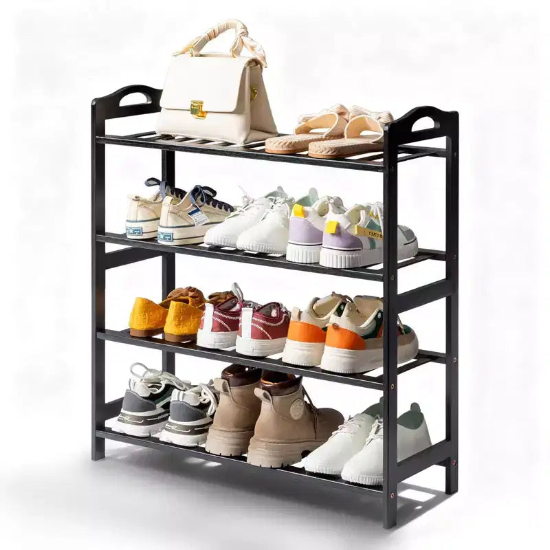 Étagère à chaussures portable en bambou à 4 niveaux, 12 lattes, noir, 68 cm