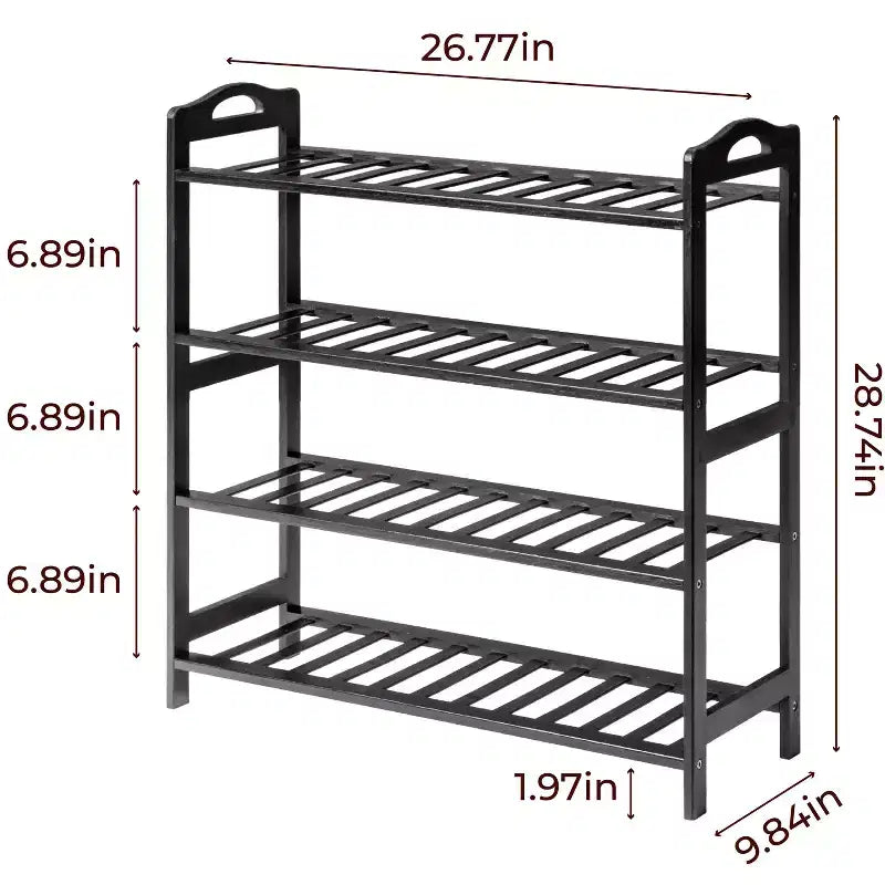 Étagère à chaussures portable en bambou à 4 niveaux, 12 lattes, noir, 68 cm