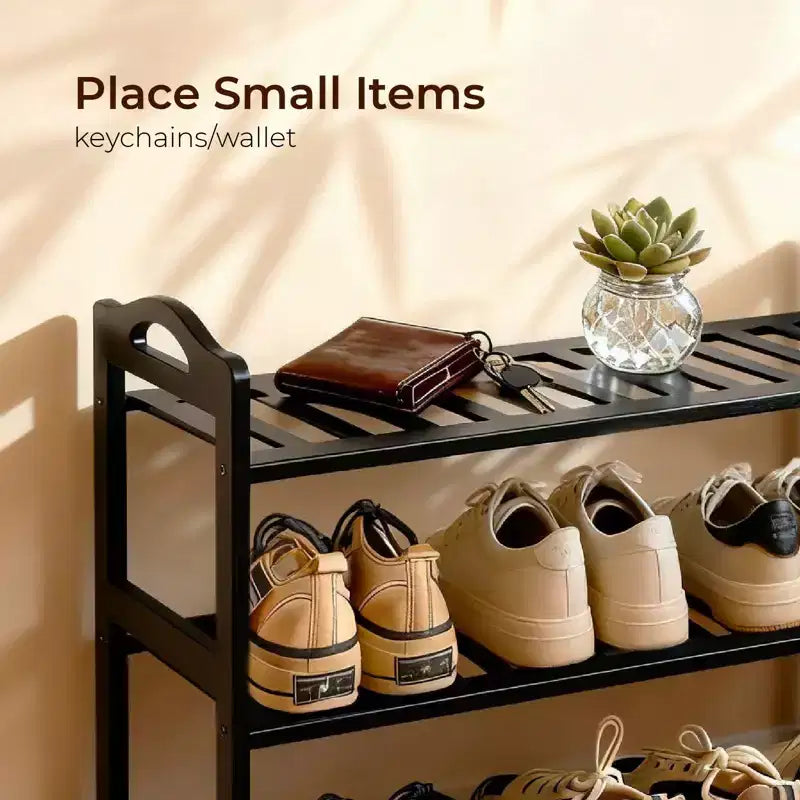 Étagère à chaussures portable en bambou à 4 niveaux, 12 lattes, noir, 68 cm