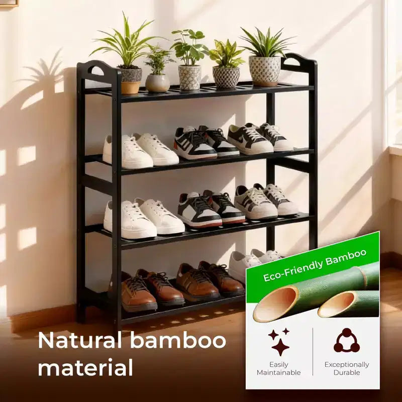 Étagère à chaussures portable en bambou à 4 niveaux, 12 lattes, noir, 68 cm