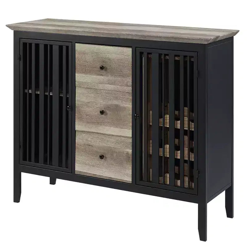 Meuble de cuisine et de salle à manger 47 po Chêne antique et fini noir sablé -: Cadre en métal, Rangement divisé, Bois composite
