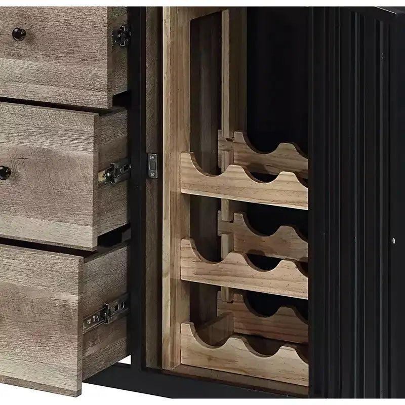 Meuble de cuisine et de salle à manger 47 po Chêne antique et fini noir sablé -: Cadre en métal, Rangement divisé, Bois composite
