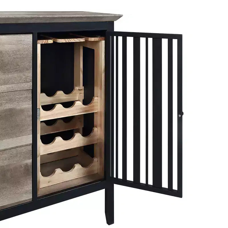 Meuble de cuisine et de salle à manger 47 po Chêne antique et fini noir sablé -: Cadre en métal, Rangement divisé, Bois composite