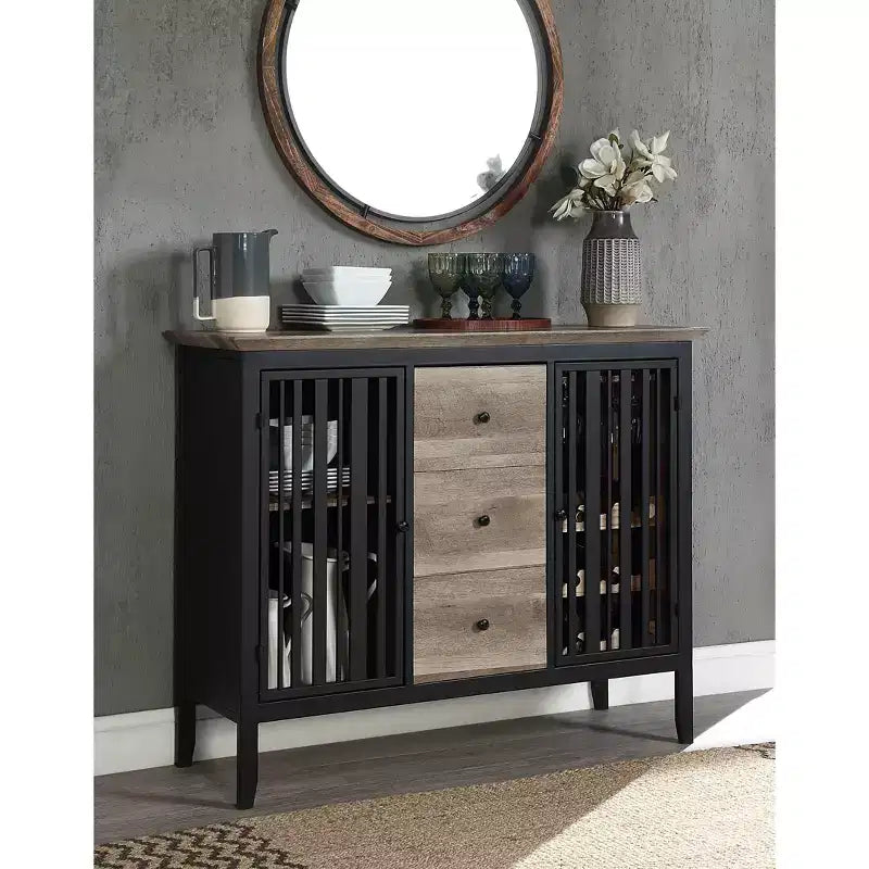 Meuble de cuisine et de salle à manger 47 po Chêne antique et fini noir sablé -: Cadre en métal, Rangement divisé, Bois composite