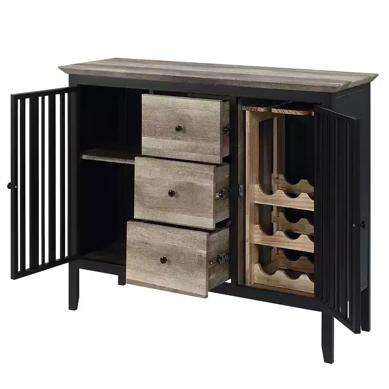 Meuble de cuisine et de salle à manger 47 po Chêne antique et fini noir sablé -: Cadre en métal, Rangement divisé, Bois composite