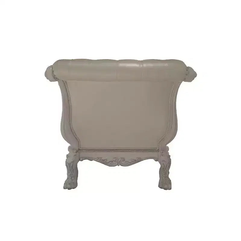 Chaise longue 82" en similicuir et finition blanc cassé - : Garniture cloutée élégante, cadre en bois, entretien à sec