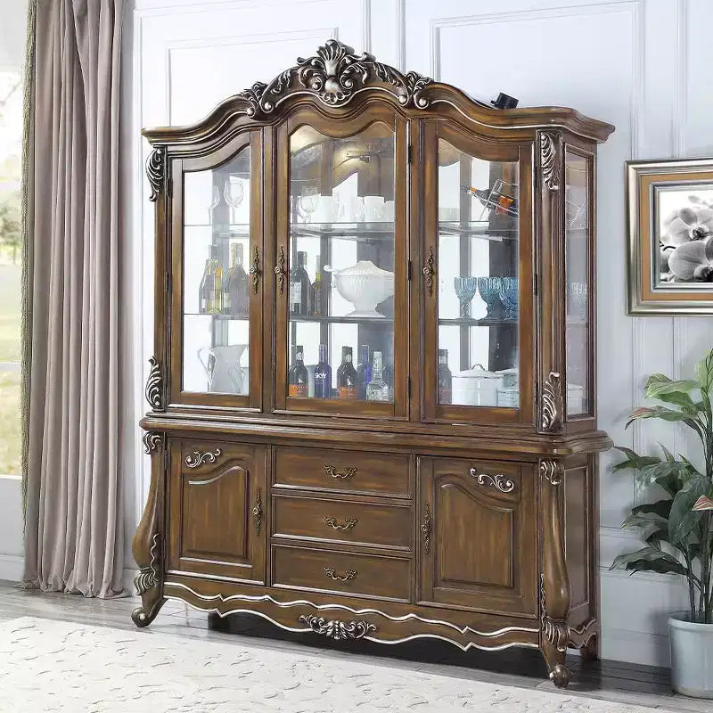 Armoire de rangement décorative 76 po Chêne antique -: Aucun assemblage requis, Verre trempé, 5 tiroirs