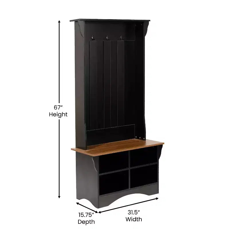 Meuble d'entrée avec banc, 3 patères individuelles et rangement inférieur avec étagères réglables