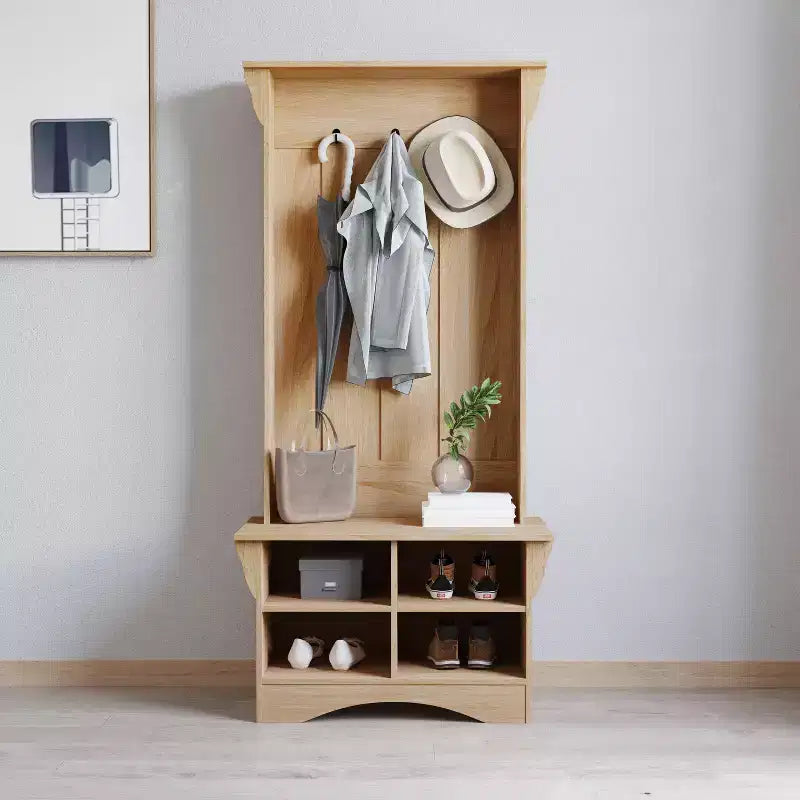 Meuble d'entrée avec banc, 3 patères individuelles et rangement inférieur avec étagères réglables