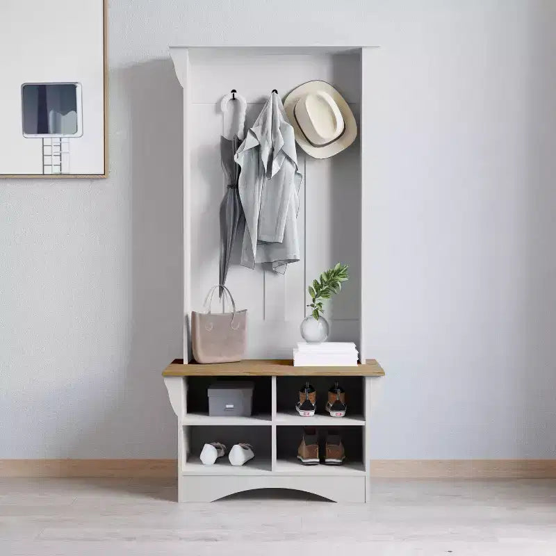 Meuble d'entrée avec banc, 3 patères individuelles et rangement inférieur avec étagères réglables