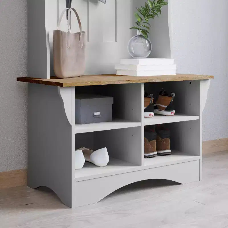 Meuble d'entrée avec banc, 3 patères individuelles et rangement inférieur avec étagères réglables