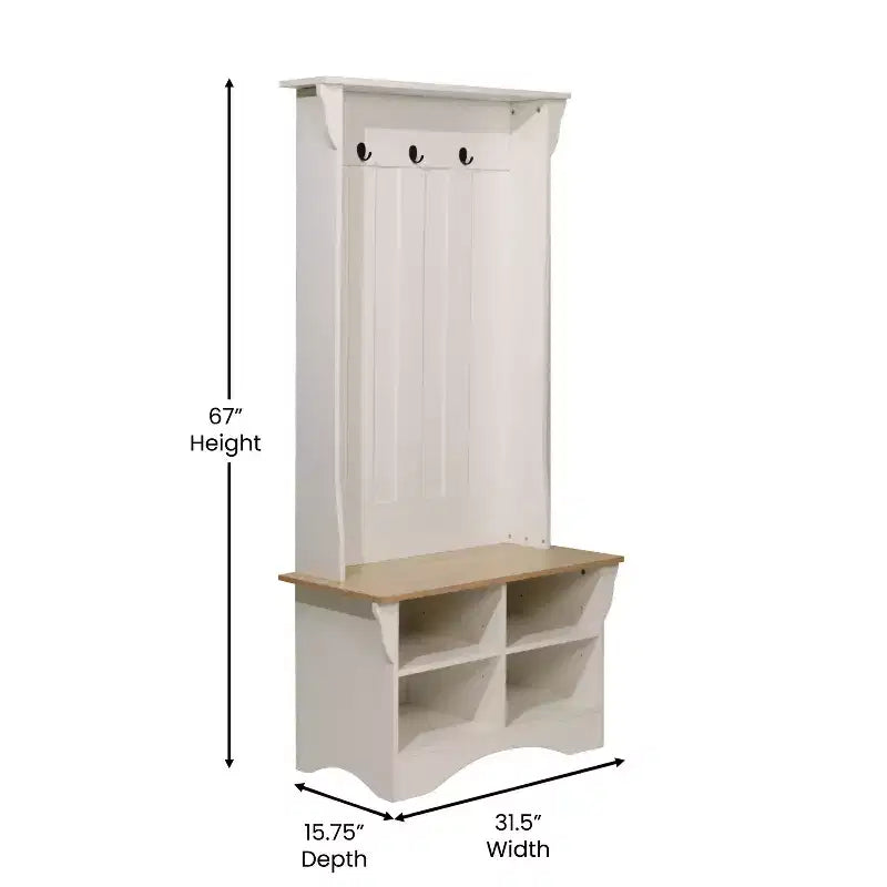 Meuble d'entrée avec banc, 3 patères individuelles et rangement inférieur avec étagères réglables