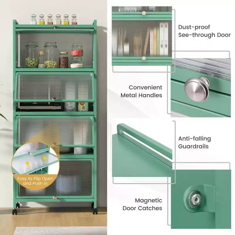 Meuble de rangement à 5 niveaux pour cuisine et micro-ondes mobile, avec portes basculantes, coloris blanc/noir/gris/vert