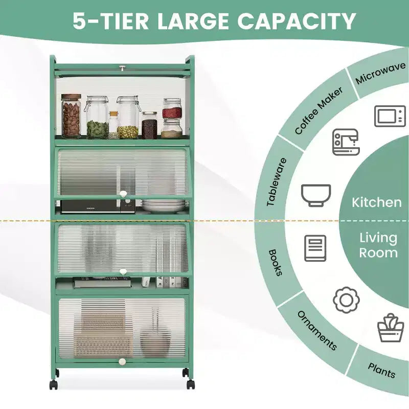 Meuble de rangement à 5 niveaux pour cuisine et micro-ondes mobile, avec portes basculantes, coloris blanc/noir/gris/vert