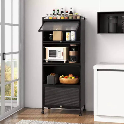 Meuble de rangement à 5 niveaux pour cuisine et micro-ondes mobile, avec portes basculantes, coloris blanc/noir/gris/vert