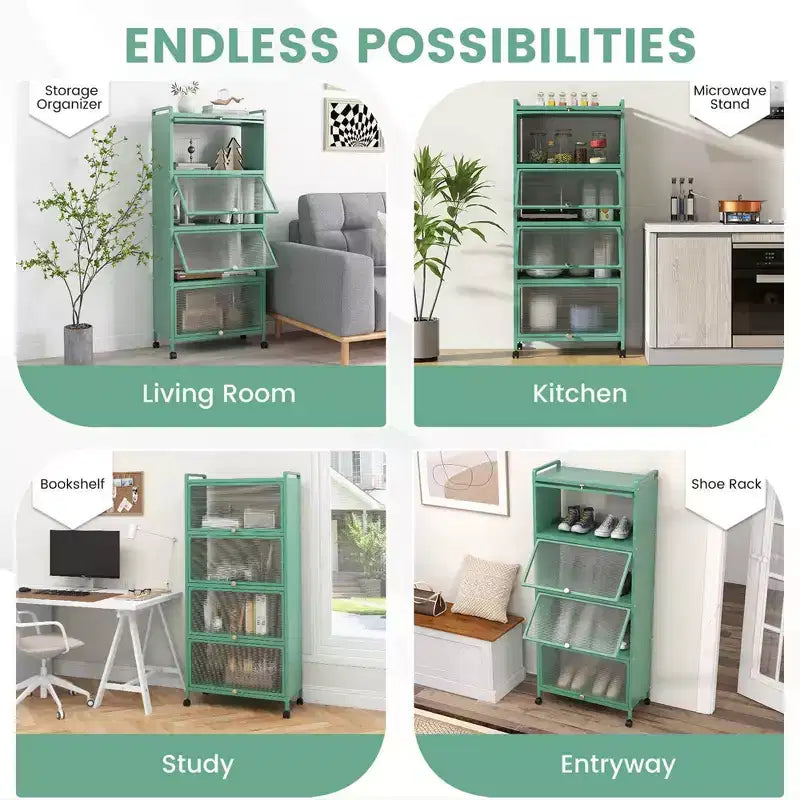 Meuble de rangement à 5 niveaux pour cuisine et micro-ondes mobile, avec portes basculantes, coloris blanc/noir/gris/vert