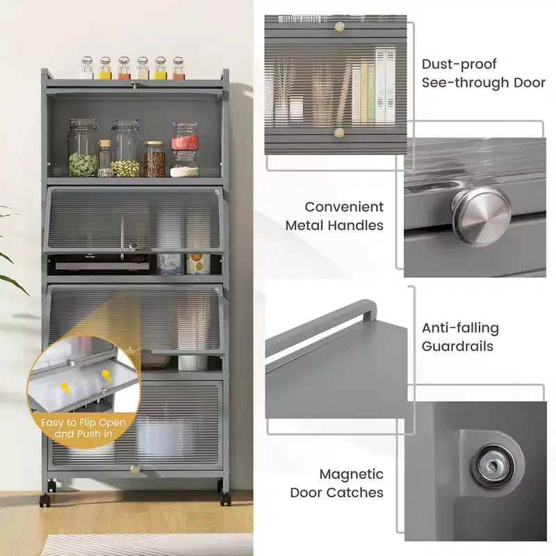 Meuble de rangement à 5 niveaux pour cuisine et micro-ondes mobile, avec portes basculantes, coloris blanc/noir/gris/vert