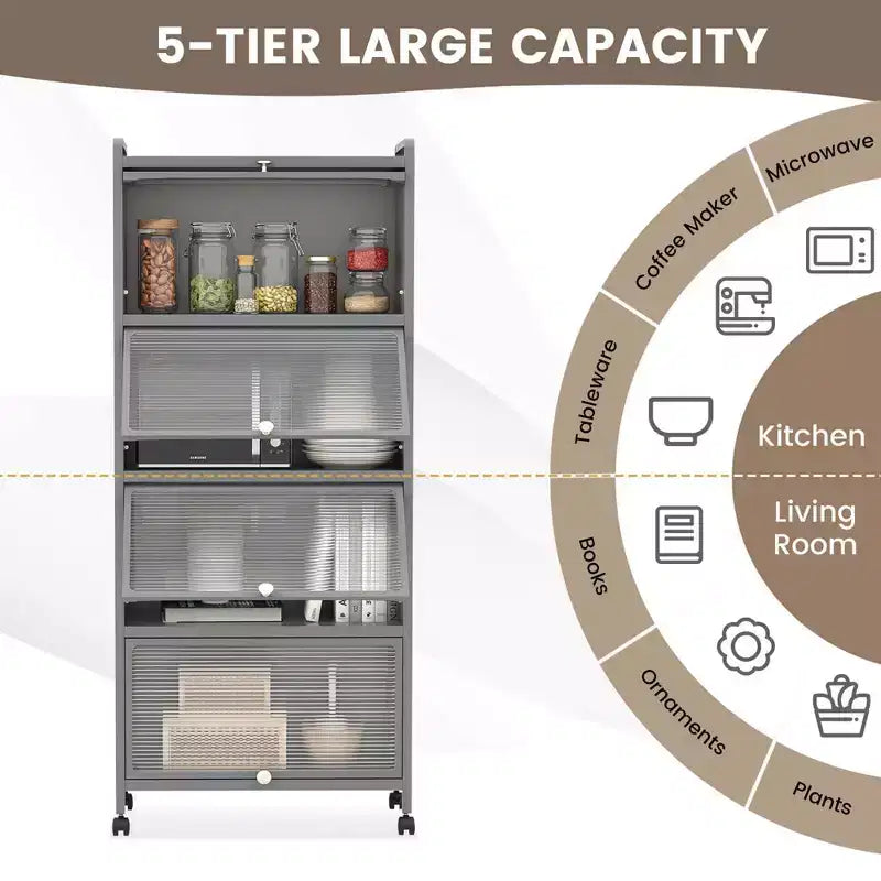 Meuble de rangement à 5 niveaux pour cuisine et micro-ondes mobile, avec portes basculantes, coloris blanc/noir/gris/vert