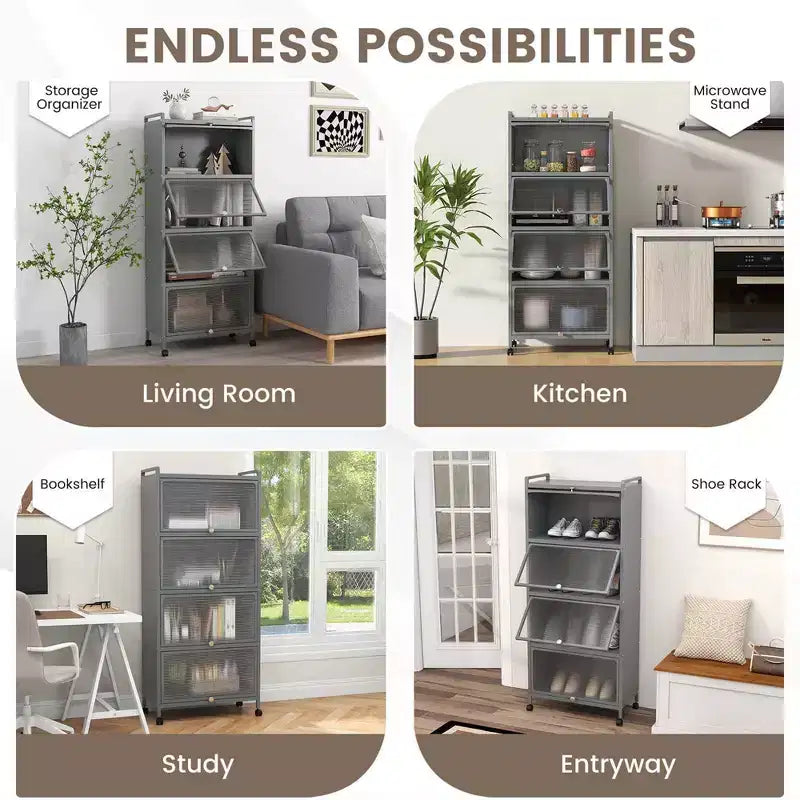 Meuble de rangement à 5 niveaux pour cuisine et micro-ondes mobile, avec portes basculantes, coloris blanc/noir/gris/vert