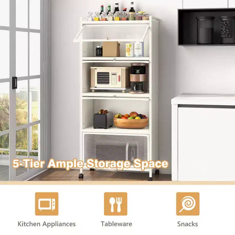 Meuble de rangement à 5 niveaux pour cuisine et micro-ondes mobile, avec portes basculantes, coloris blanc/noir/gris/vert
