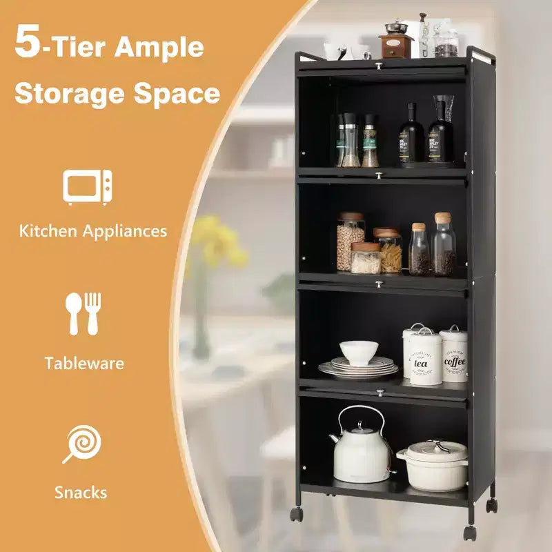 Meuble de rangement à 5 niveaux pour cuisine et micro-ondes mobile, avec portes basculantes, coloris blanc/noir/gris/vert