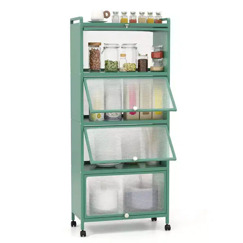 Meuble de rangement à 5 niveaux pour cuisine et micro-ondes mobile, avec portes basculantes, coloris blanc/noir/gris/vert