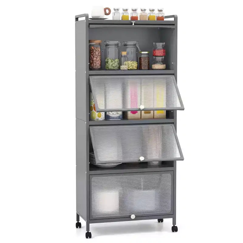 Meuble de rangement à 5 niveaux pour cuisine et micro-ondes mobile, avec portes basculantes, coloris blanc/noir/gris/vert