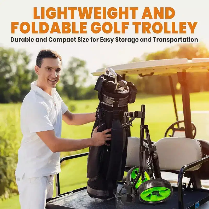 Chariot de golf pliable à 2 roues pour un transport facile avec cadre en aluminium, sangle élastique, design compact, léger et durable