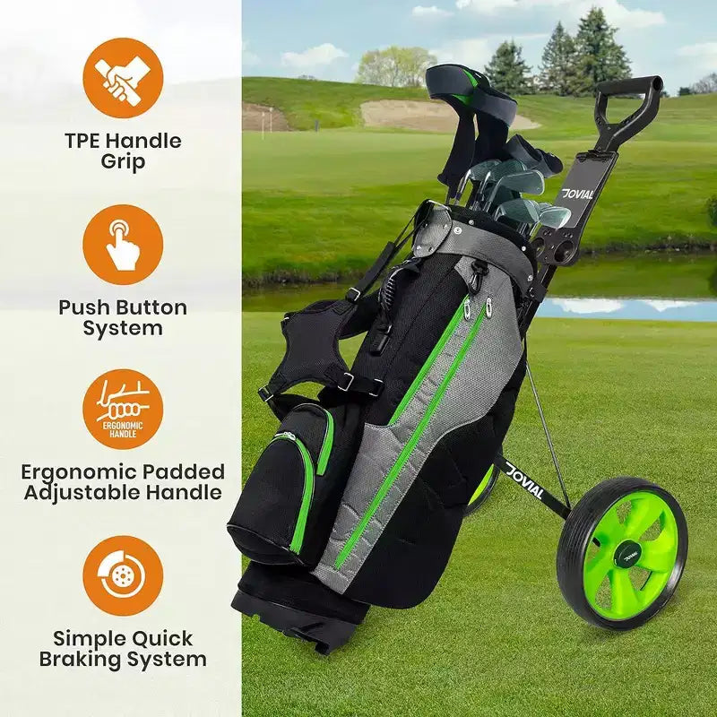 Chariot de golf pliable à 2 roues pour un transport facile avec cadre en aluminium, sangle élastique, design compact, léger et durable