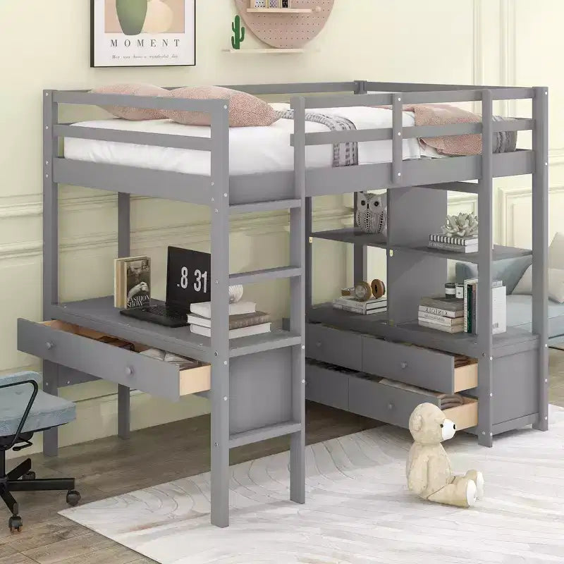 Loft Bed with Built-In Desk, Storage Shelves and Drawers - ModernLuxe