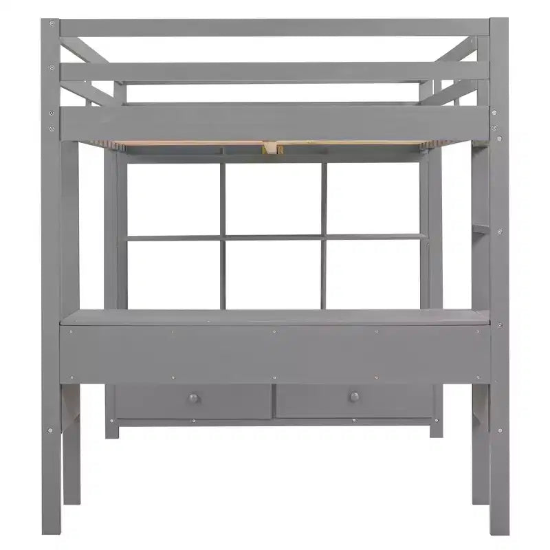 Lit mezzanine avec bureau intégré, étagères de rangement et tiroirs